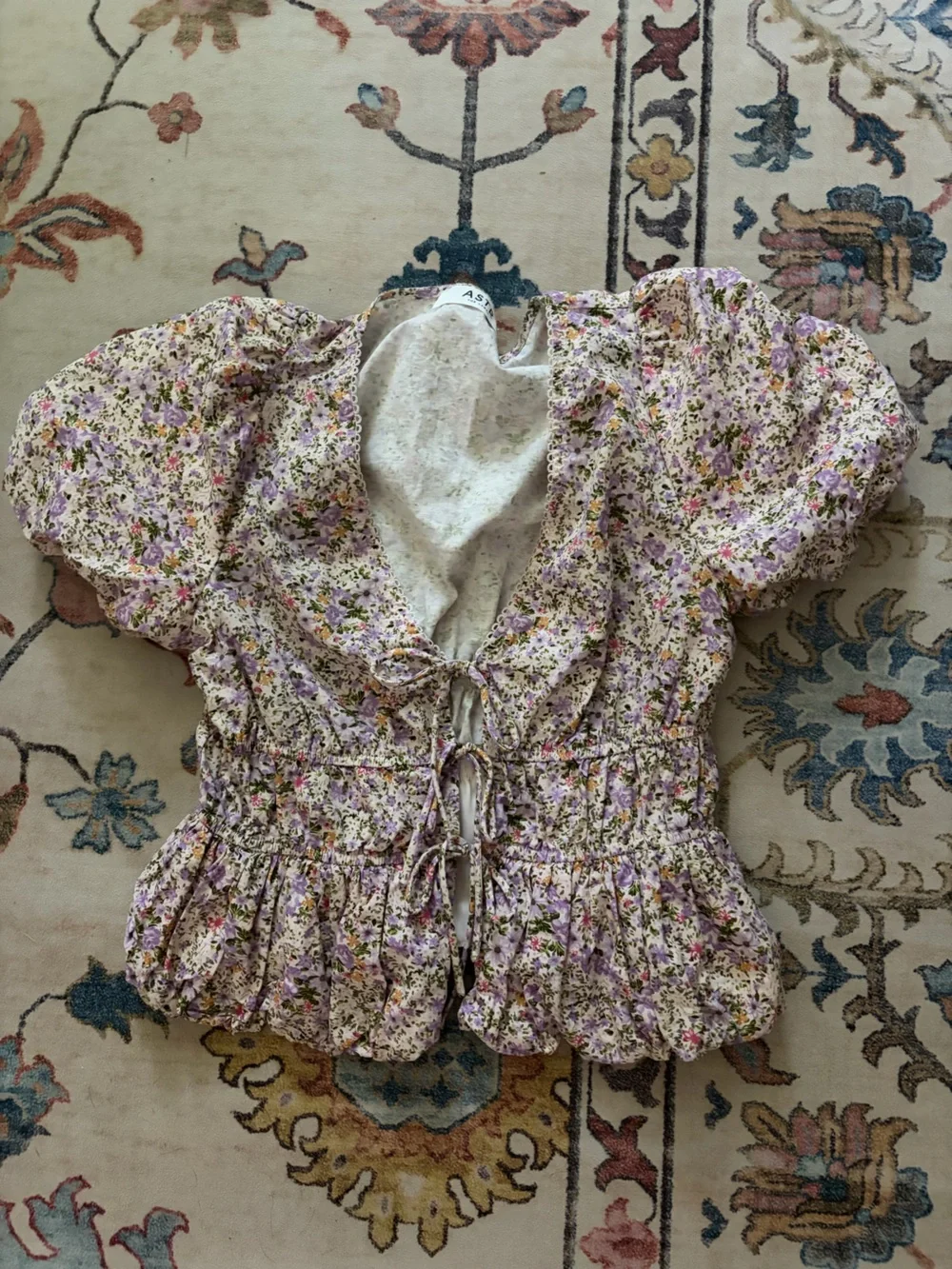Astr Lilac Floral Smocked Peplum Tie-Front Blouse